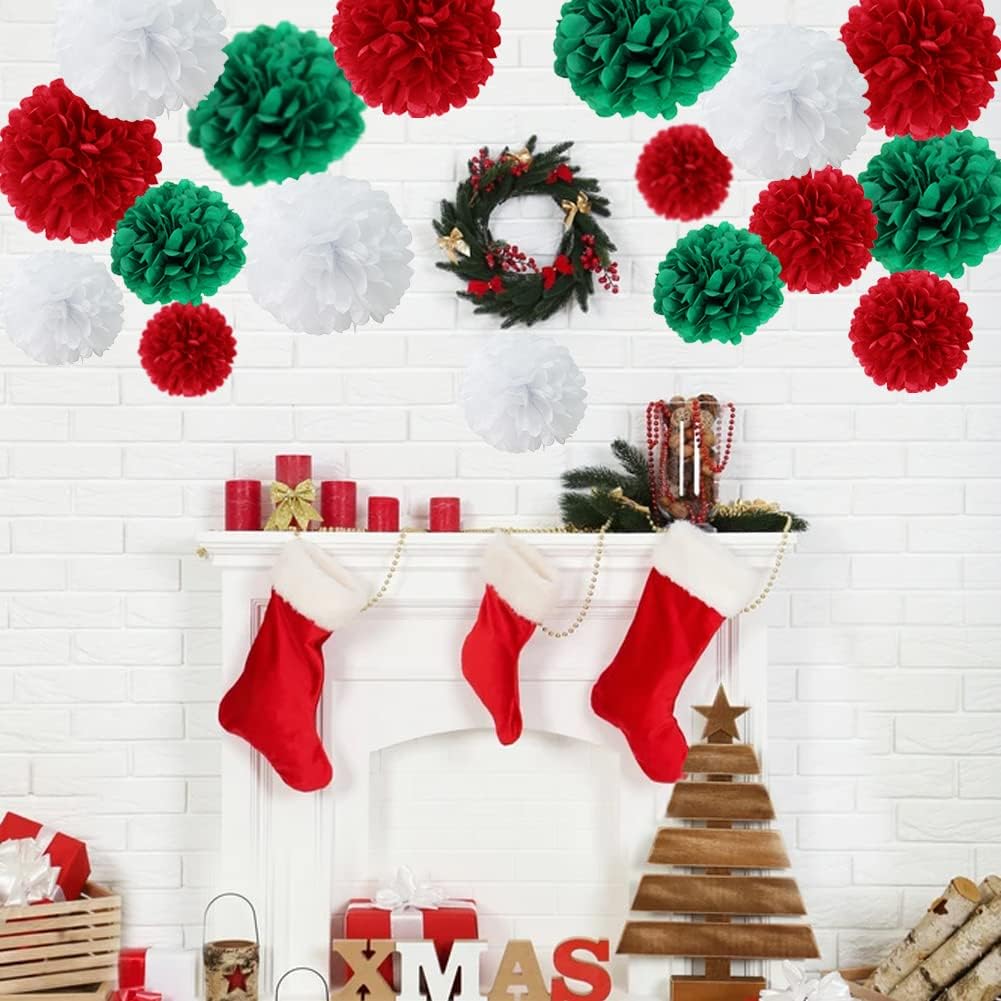 Easy Joy 17Pcs Christmas New Year Hanging Decoration Red Green White Paper Pom Poms Flowers 6, 8,10 inch Hanging Paper Flowers Christmas Home Wedding Birthday Party Decorations