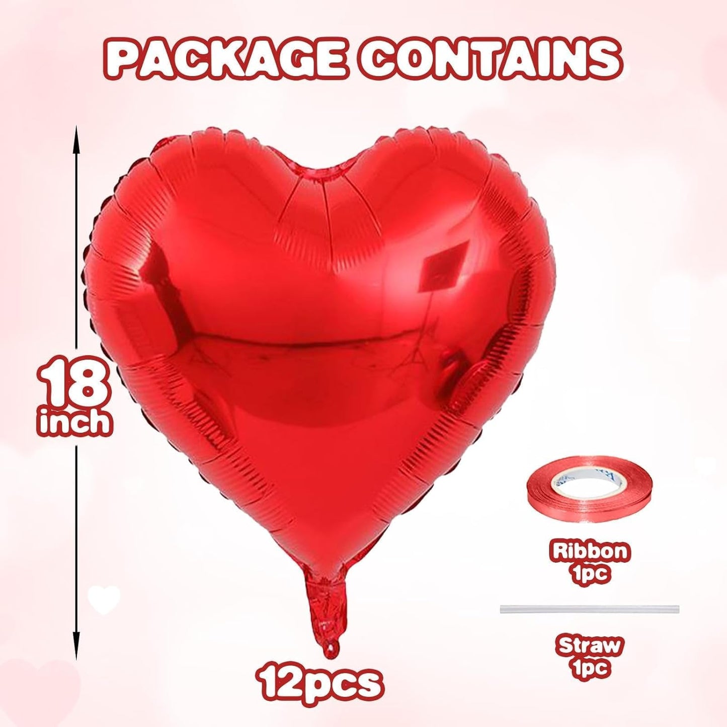 12 Pcs Heart Balloons, 18 inch Red Heart Shaped Balloons, Big Foil Helium Balloon, Love Foil Balloon for Wedding Baby Shower Anniversary Backdrop Valentine Party Decorations