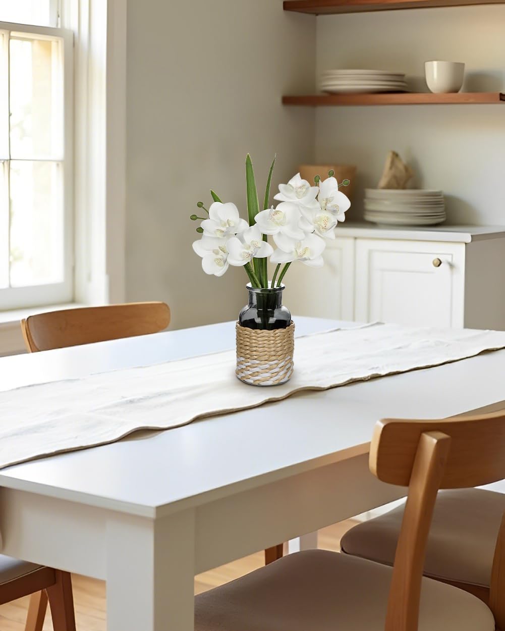 White Orchids Artificial Flowers with Vase, Small Faux Orchid Arrangement Fake Flower in Woven Glass Vase Black and White Decor Small White Centerpieces for Kitchen Dining Room Tables Bathroom Decor