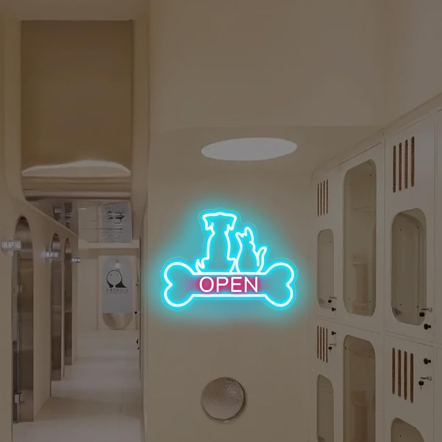 Pet Shop Open Neon Sign LED Dog And Cat Open Sign Bright Pet Grooming Salon Light Animal Shelter Storefront Decor Vet Clinic Window Sign, Ice Blue+Light Pink, 16.5"x12.4"