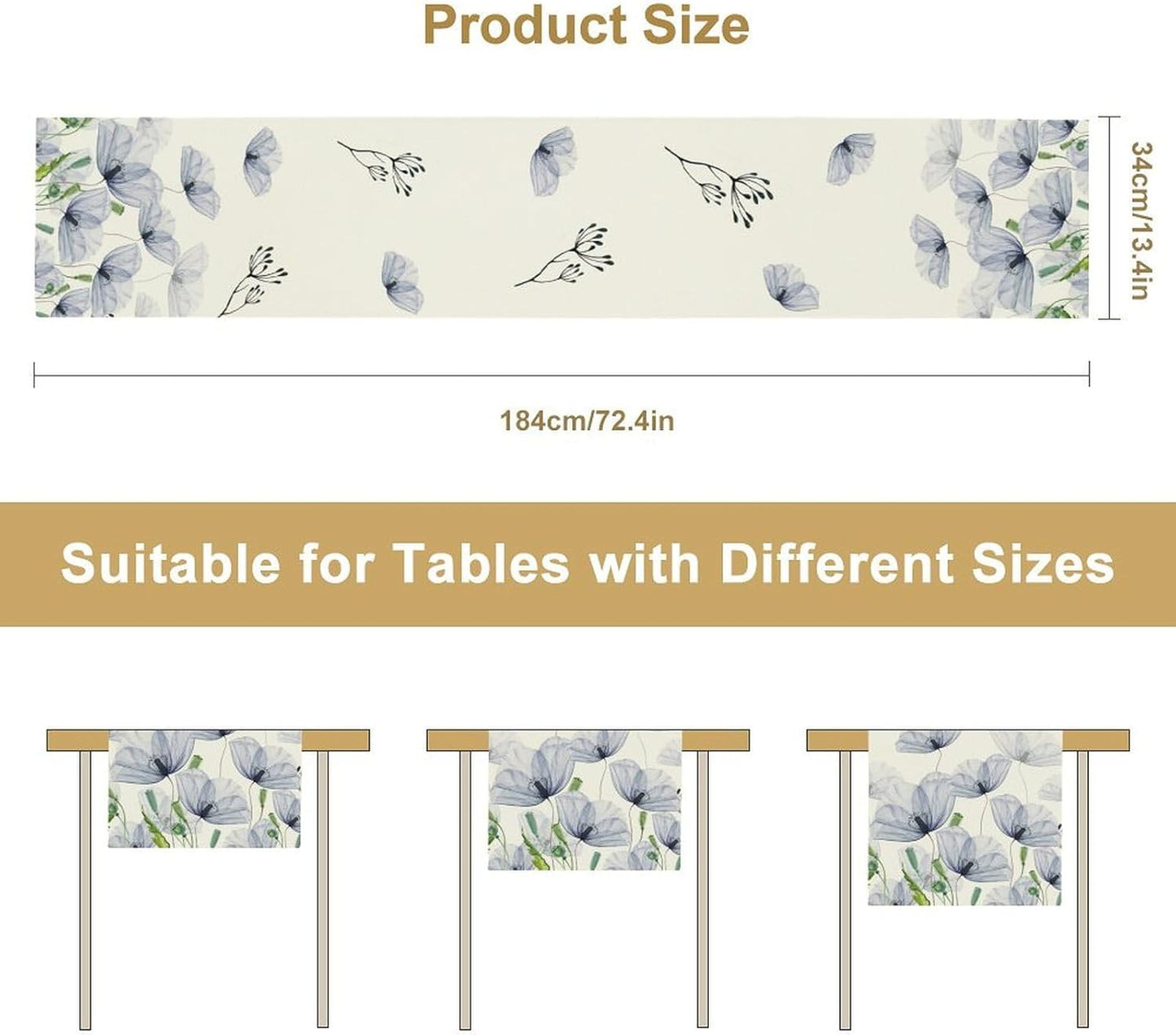 Watercolor Poppy Floral Table Runner, Abstract Seasonal Spring Summer Blue Purple Flower Kitchen Dinning Table Runner for Indoor Outdoor Home Wedding Party Holiday, 13x120 Inch
