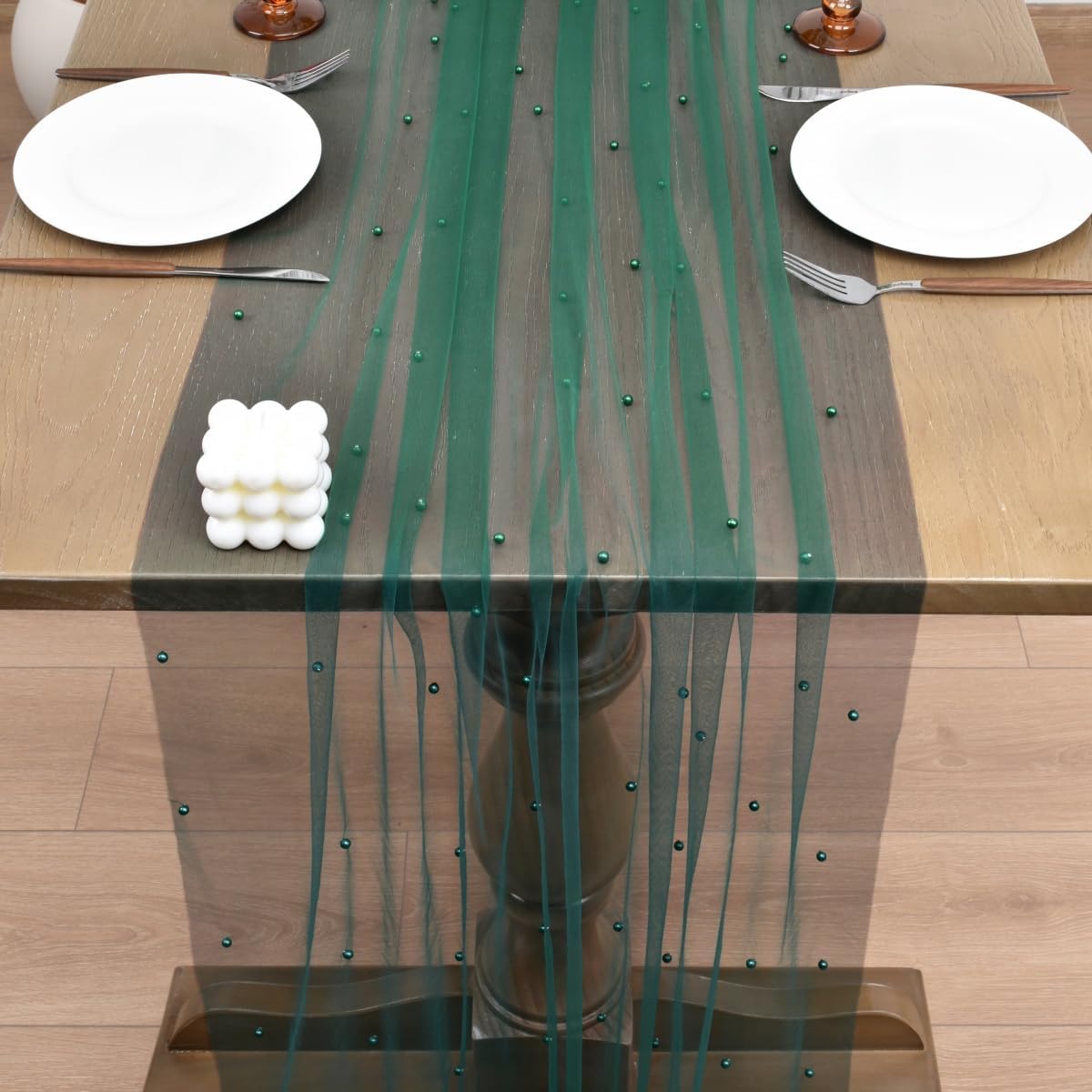 Joanlody Fall Pearl Table Runner 10ft Rustic Boho Tulle Table Runner with Pearls for Baby Shower Wedding Party Veil Dessert Thanksgiving Table Decor Emerald Green