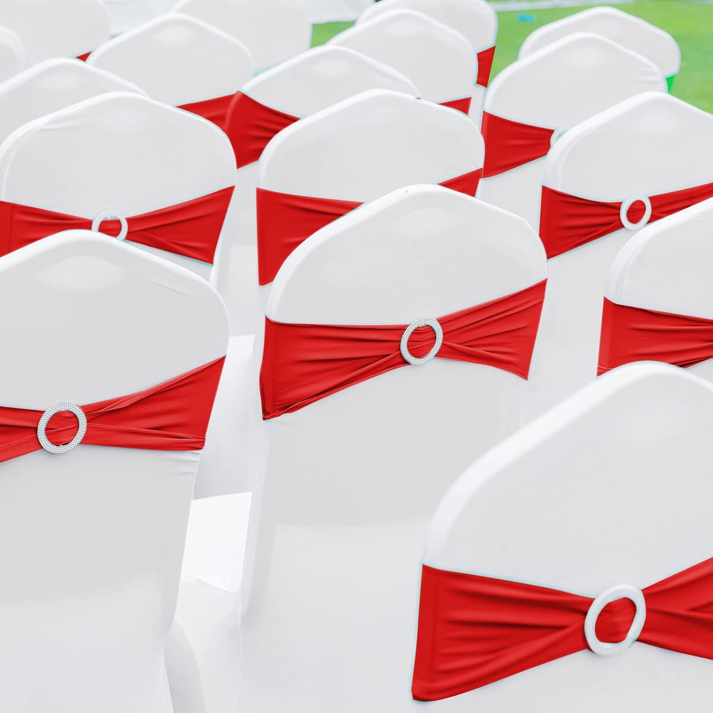 CHENGU 150 Pieces Spandex Stretch Chair Sashes Bows Elastic Chair Cover Bands Ties with Buckle Slider for Wedding Party Reception Events Universal Ceremony Banquet Decorations (Red)