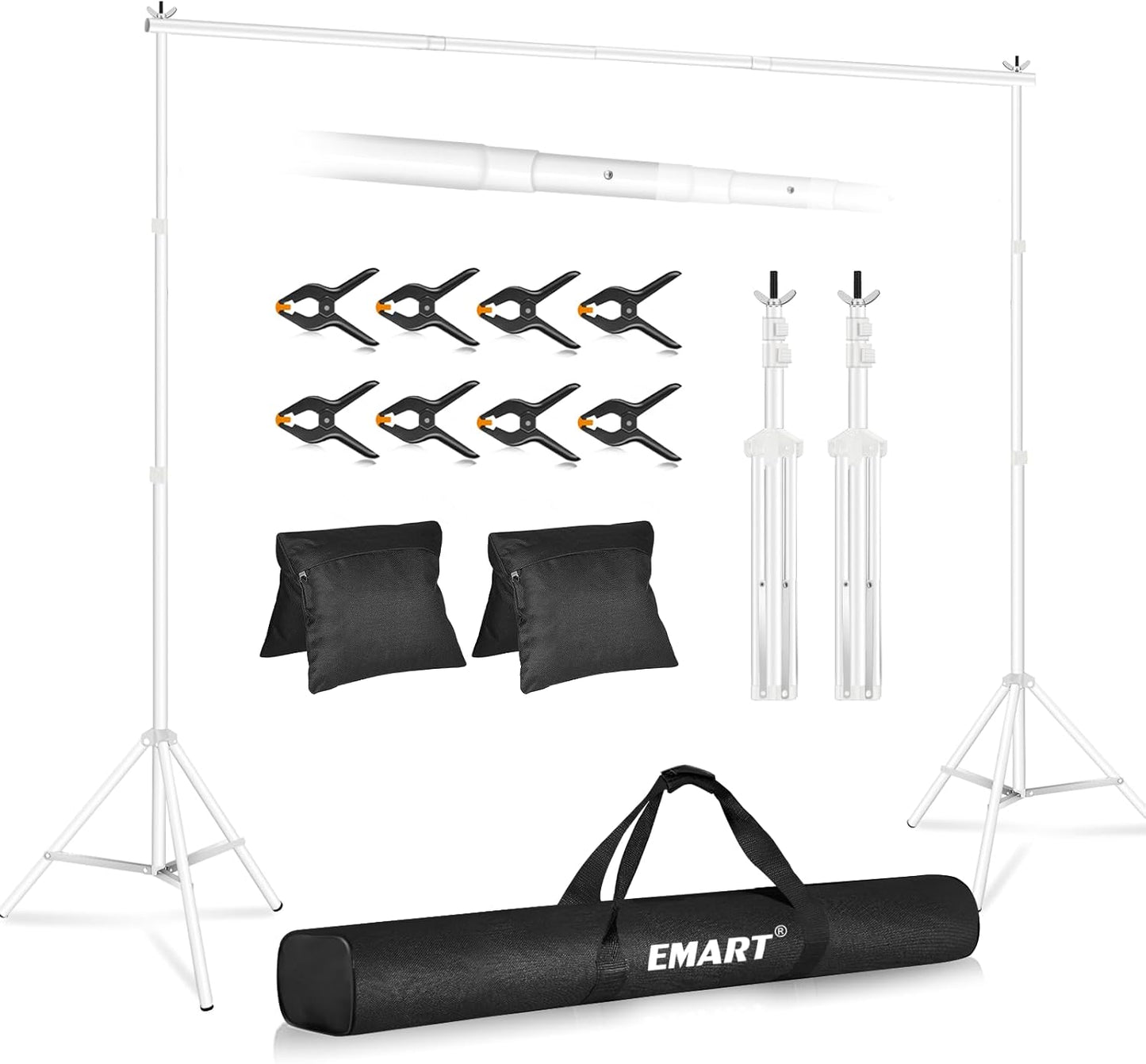 EMART Backdrop Stand 10x8.5ft(WxH) Photo Studio Adjustable Background Stand Support kit with 2 Crossbars, 8 Clamps, 2 Sandbags and Carry Bag for Parties, Events Decoration, Wedding, Photography -White