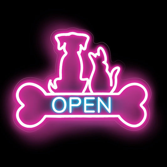 Pet Shop Open Neon Sign LED Dog And Cat Open Sign Bright Pet Grooming Salon Light Animal Shelter Storefront Decor Vet Clinic Window Sign, Pink+Ice Blue, 16.5"x12.4"