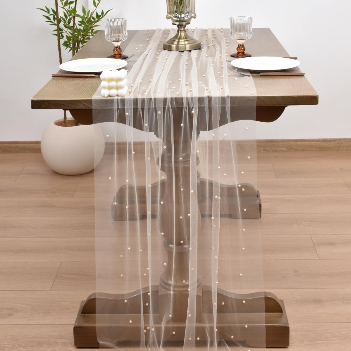 Joanlody Fall Pearl Table Runner 10ft Rustic Boho Tulle Table Runner with Pearls for Baby Shower Wedding Party Veil Dessert Thanksgiving Table Decor Champagne 4pcs