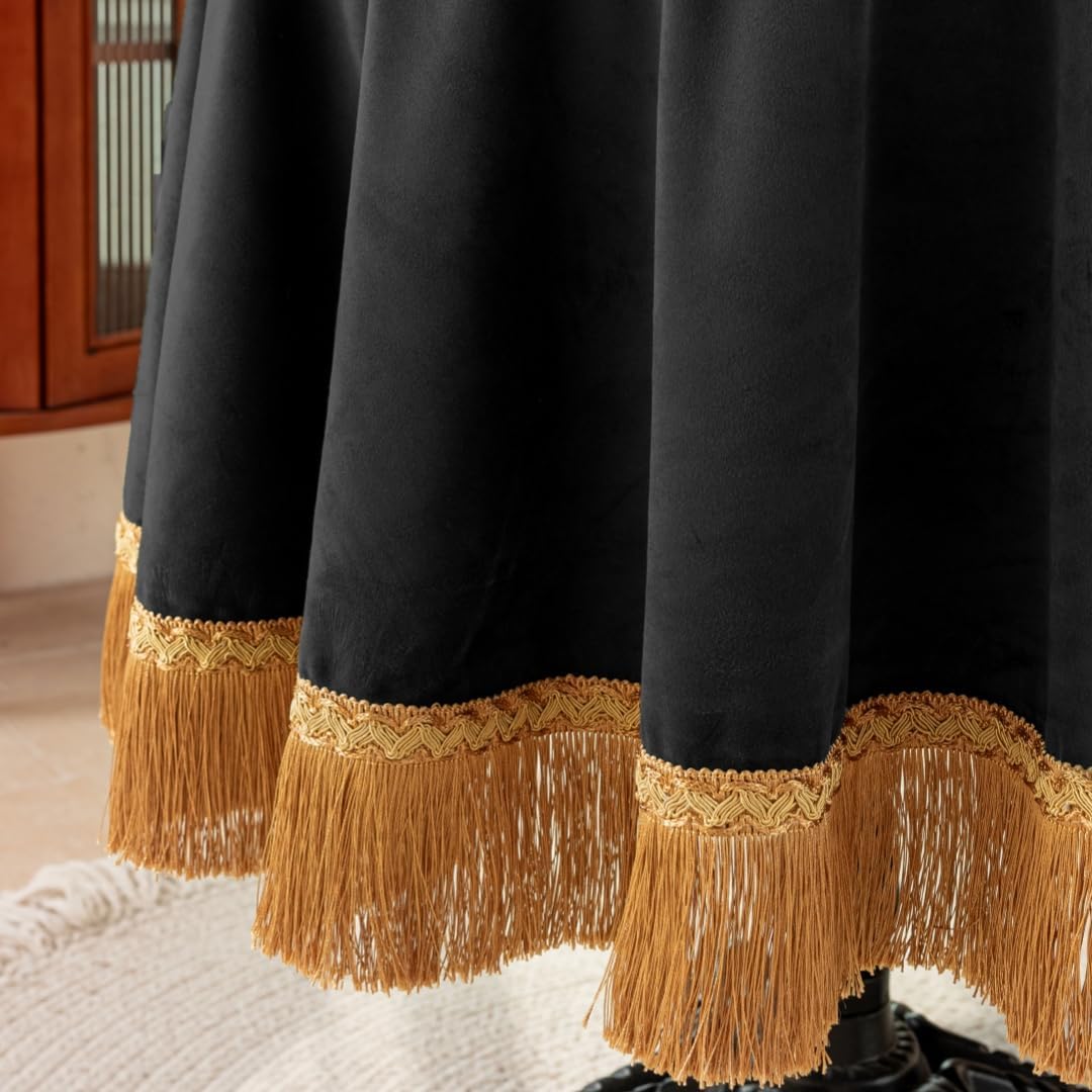 F-CHU Black Tablecloth Thickset Velvet Tablecloth with Beautiful Gold Tassels Vintage Table Cloth for Home Decor Wedding, Party, Banquet and Events 70" Round