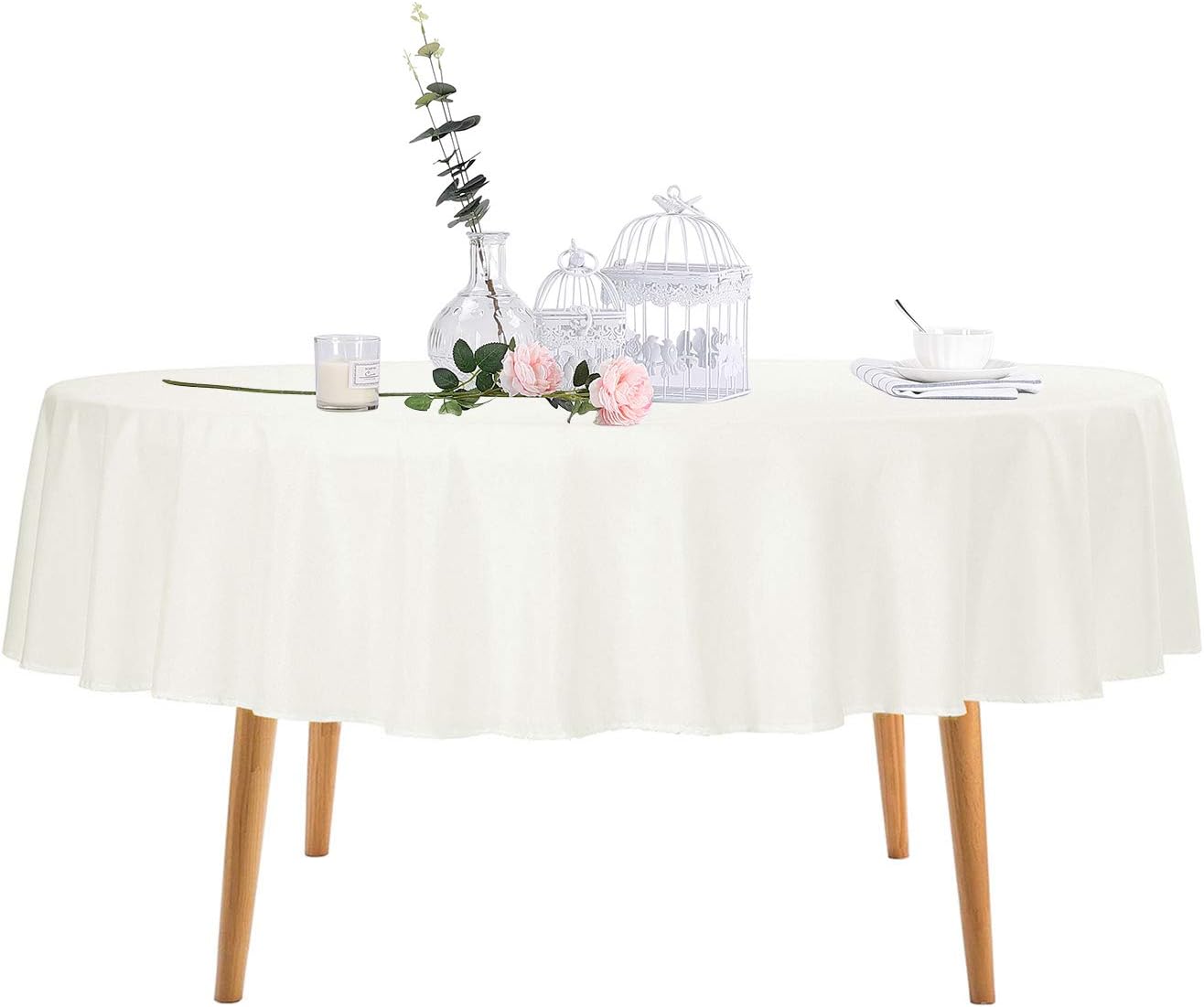 Ascoza 2pack 70 Inch Ivory Round Tablecloth in Polyester Fabric for Wedding/Banquet/Restaurant/Parties