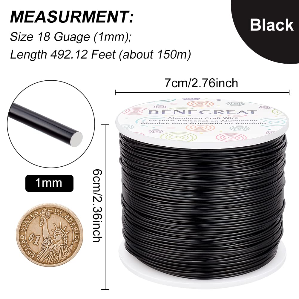 BENECREAT 18 Gauge Aluminum Wire 492FT Anodized Black Bendable Craft Wire for Beading Jewelry Craft Making, Plant Gardening, Sculpting Model Making