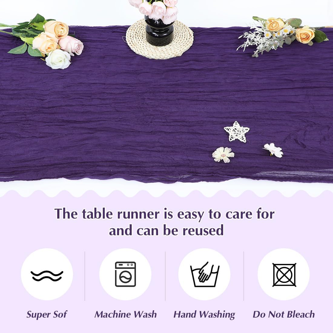 Purple Cheesecloth Table Runner -21*120Inch Long Boho Wedding Table Decor, Rustic Gauze Fabric Runner for Bridal Showers, Baby Showers & Parties (Sheer, Lightweight, Wrinkled Design)