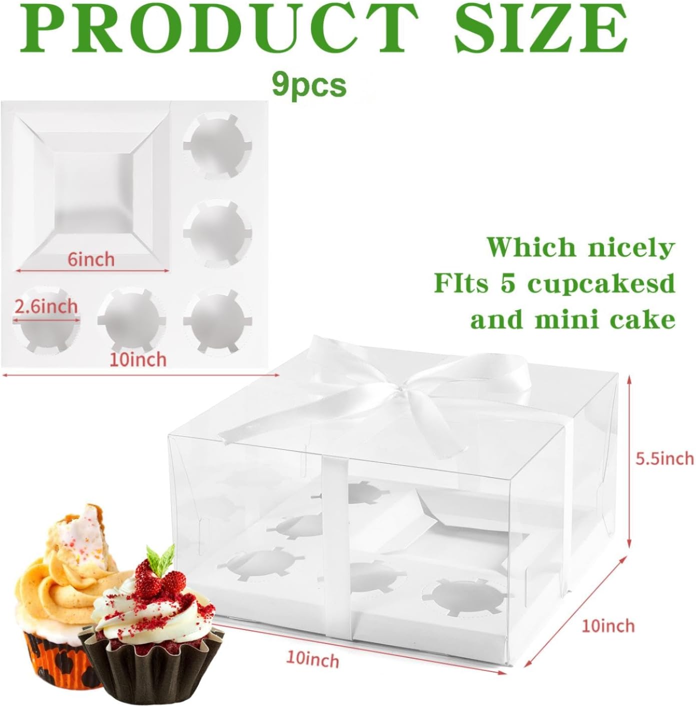 JCD 9 Packs Cake Cupcakes Combo Box 1+5 Cupcake Containers with Gift Ribbon Bento Clear Boxes (5 Cupcakes with a mini Cake) (1+5/9Pcs)