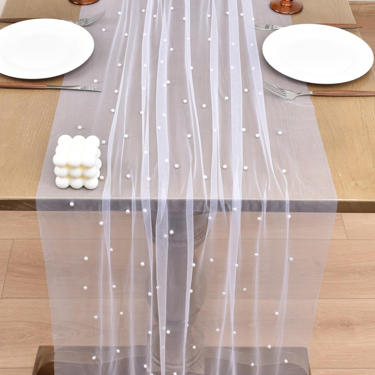 Joanlody Fall Pearl Table Runner 10ft Rustic Boho Tulle Table Runner with Pearls for Baby Shower Wedding Party Veil Dessert Thanksgiving Table Decor White