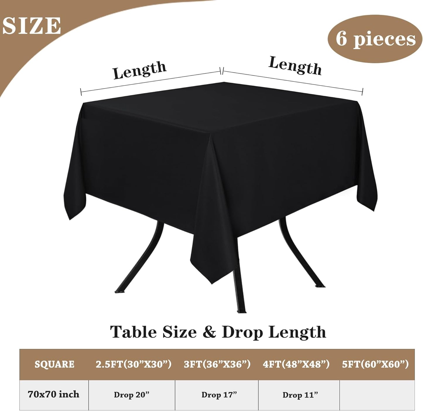 Fitable 6 Pack Black Square Tablecloths - 70 x 70 Inches - Stain Resistant and Reusable Table Clothes, Polyester Fabric Table Covers for Dining, Card Tables, Coffee Tables