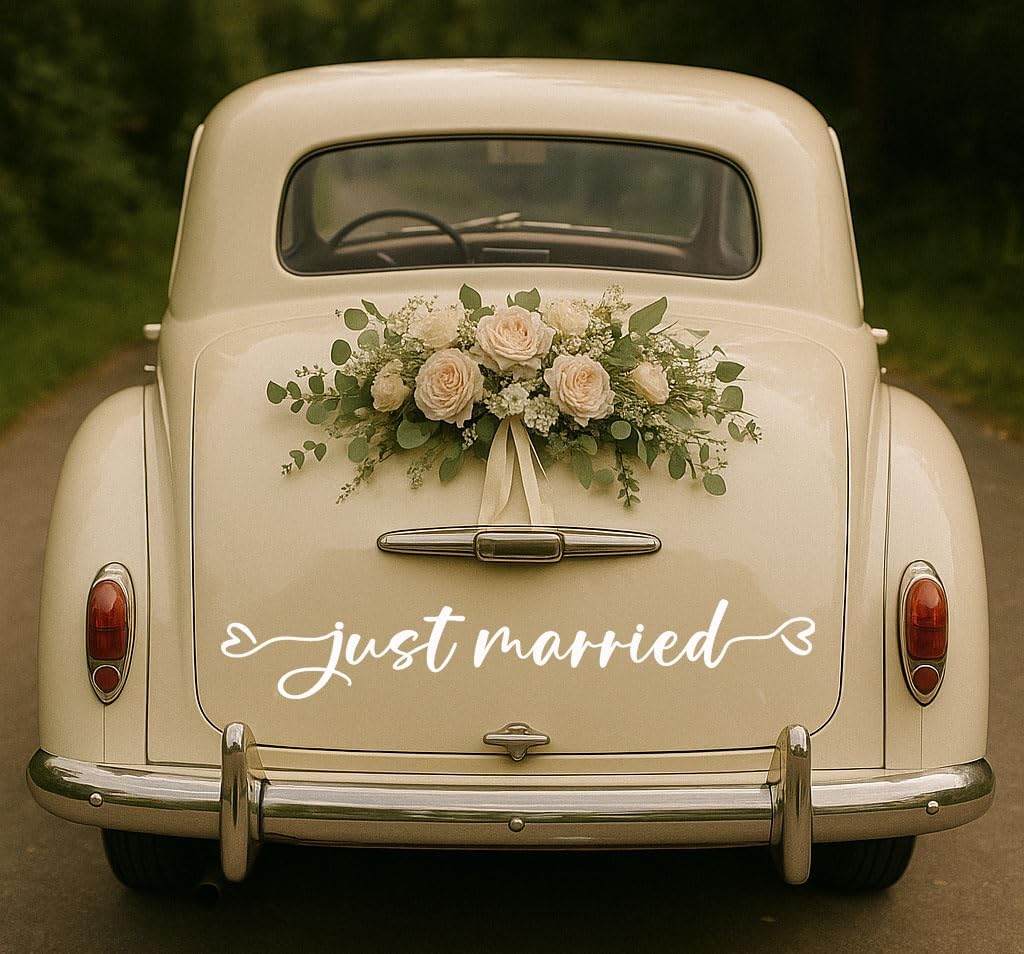 Just Married Car Decal – Wedding Bumper Sticker for Newlyweds, Unique Wedding Car Decoration (28 x 4.7 Inch)