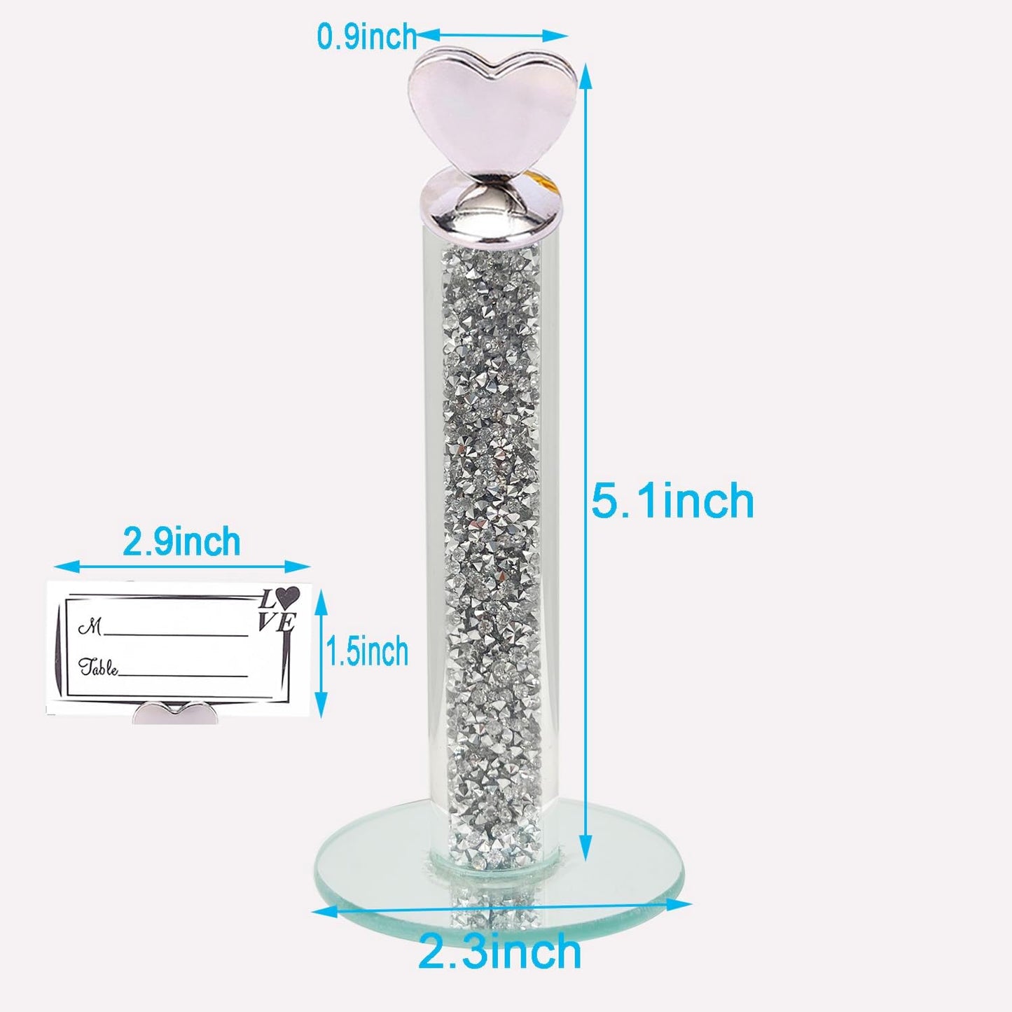 TACIDON 10Pcs Heart Table Number Holders with 10Pcs Table Numbers, Glamorous Crystal Crushed Diamond Place Card Holder, Table Card Holders for Home Wedding Dinner Party Events Decoration (Silver)