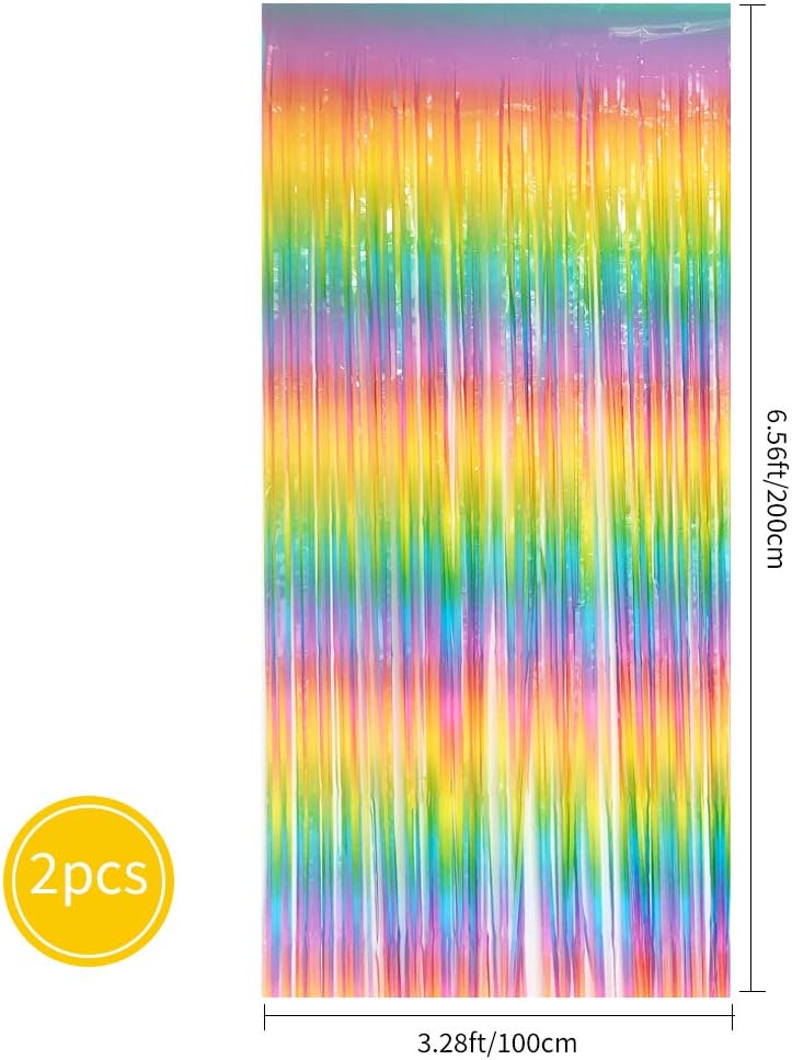 BEISHIDA 2 Pack Light Rainbow Foil Fringe Curtain Assorted Colorful Tinsel Metallic Curtains Photo Backdrop for Birthday Party Wedding Engagement Bridal Shower (3.28 x 6.56 ft)
