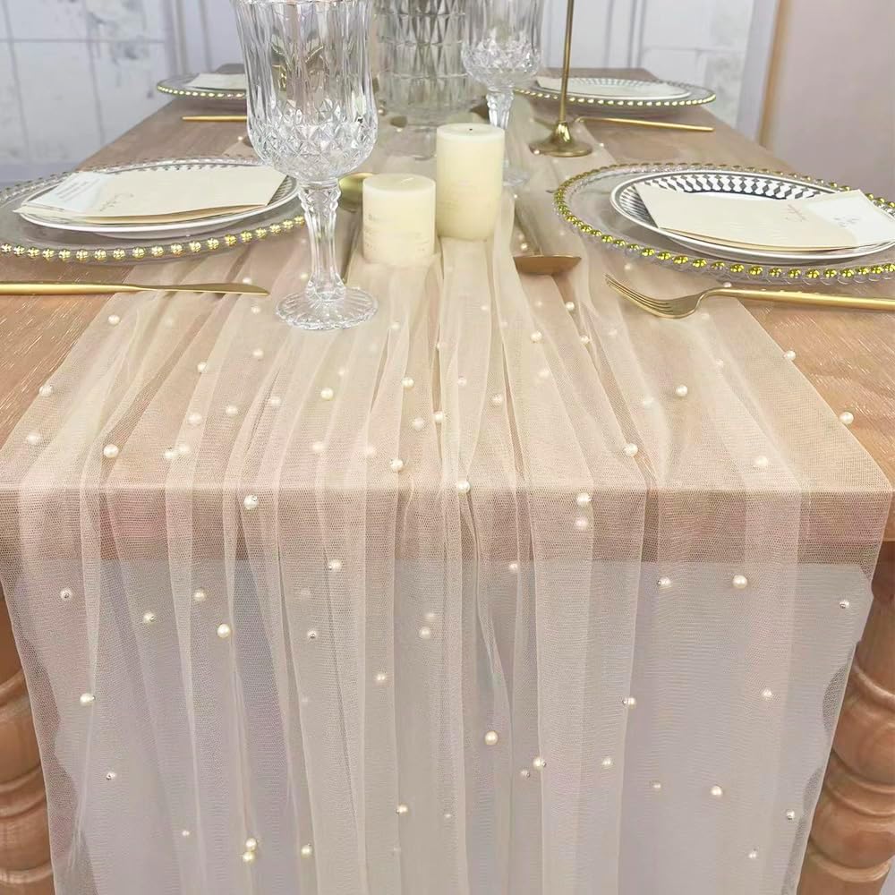 EHLDekol Pearl Table Cloth Elegant Polyester Table Runner with Artificial Pearl Accents Extra Long 10 ft 60 x 120 Inches Pearl Tulle Table Runner for Wedding (60inch Width,Champagne, 4Packs)