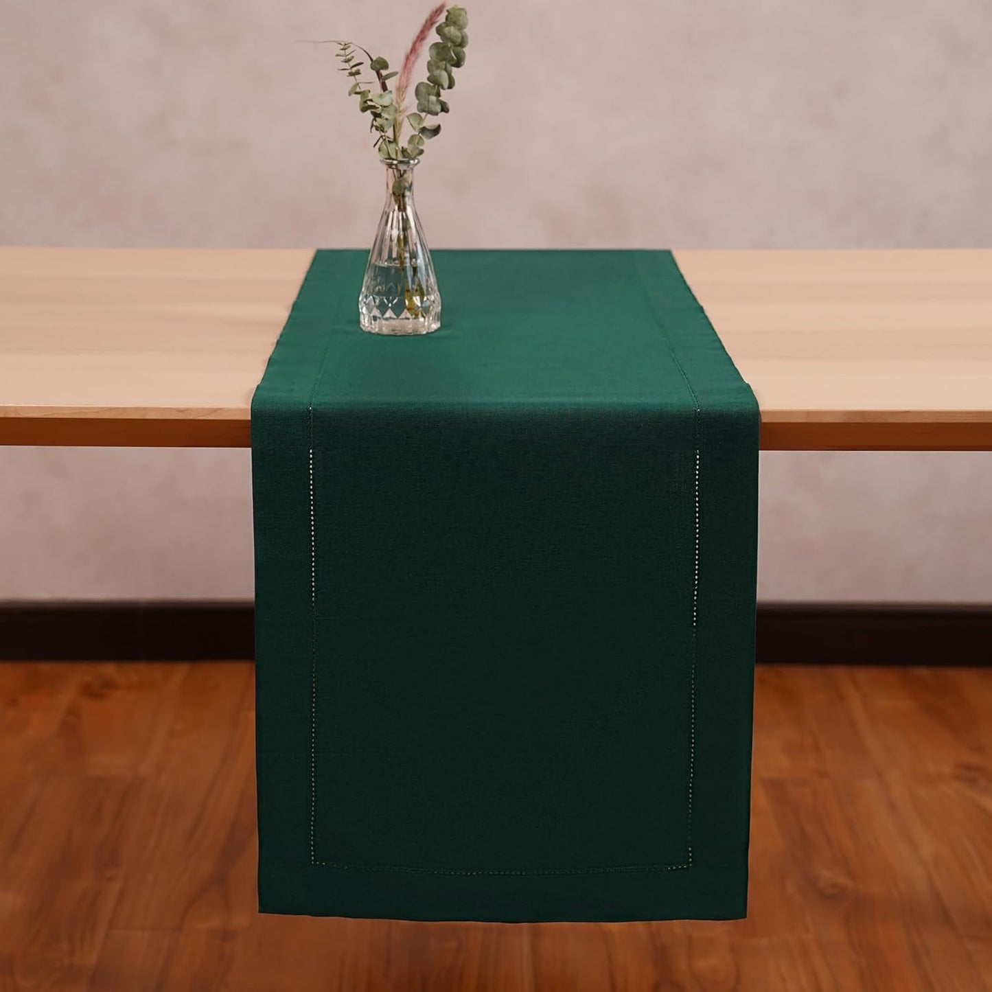 Green Table Runner 48 Inch – Cotton Linen Hemstitch Farmhouse Table Runner 14x48 – Washable Fabric for Dining Table, Spring, Summer, Wedding, Christmas, Everyday Décor – Serena