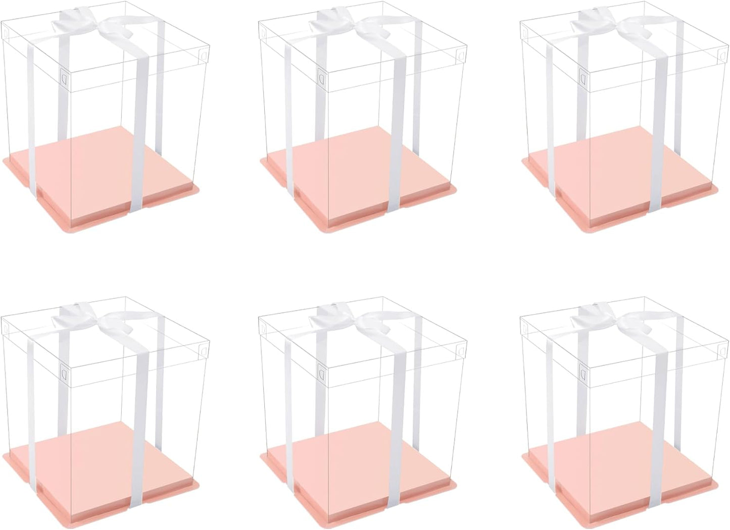 XININSUN clear cake box with ribbon,8inch 10inch cake boxes,transparent tall cake box cake carrier,Square Cardboard Cake Containers clear gift box for Wedding,Birthday,Party(6pcs-Pink)