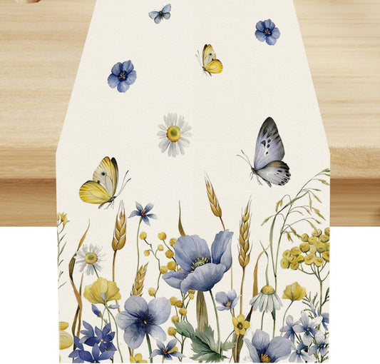 Floral Table Runner, Spring Watercolor Flower Plants Nature Butterfly Table Runner for Kitchen Dinner Living Room Home Party, 13x60 Inch