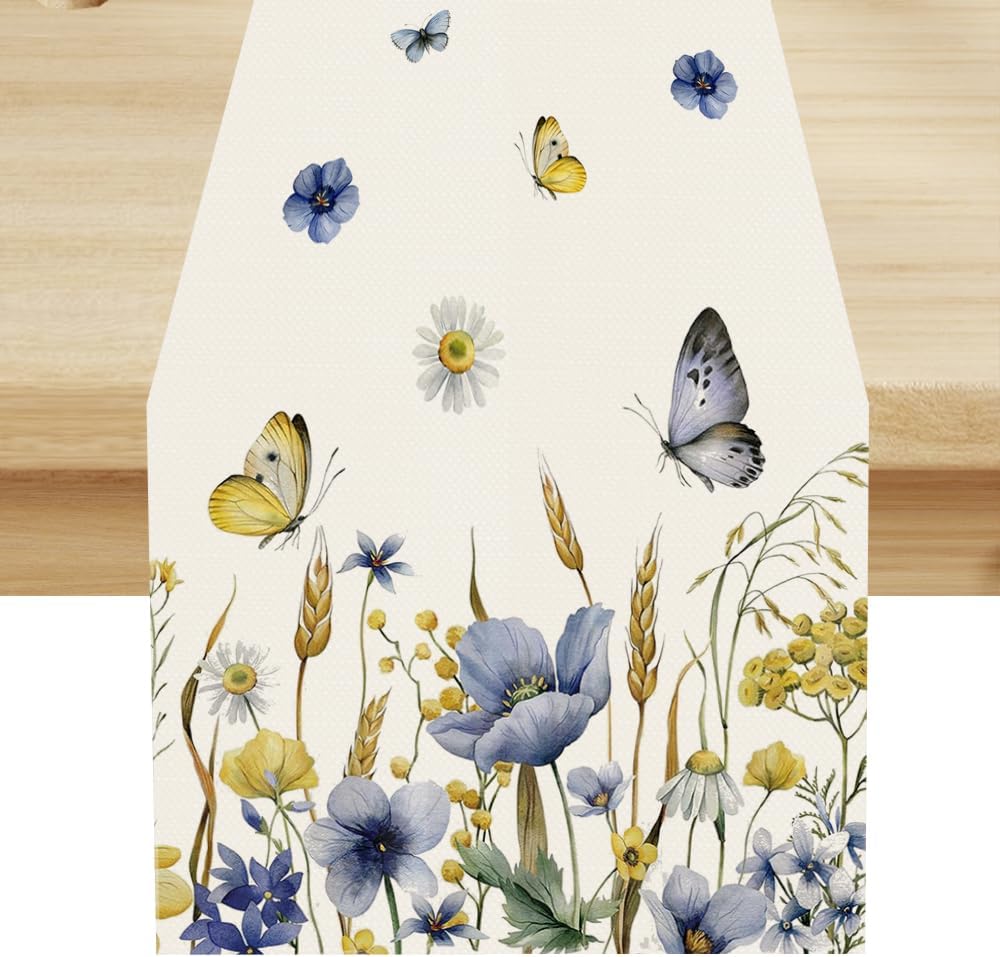 Floral Table Runner, Spring Watercolor Flower Plants Nature Butterfly Table Runner for Kitchen Dinner Living Room Home Party, 13x108 Inch