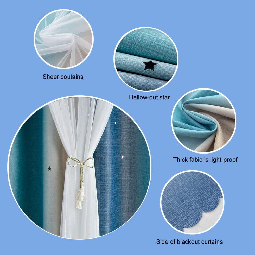 FANLI Ombre Rainbow Blackout Curtains for Kid Girls Bedroom Living Room Darking Stripe Double Layer Star Cut Out Wall Home Decor Gradient Grommet Window Curtains (Blue/Yellow, 52W x 63L)