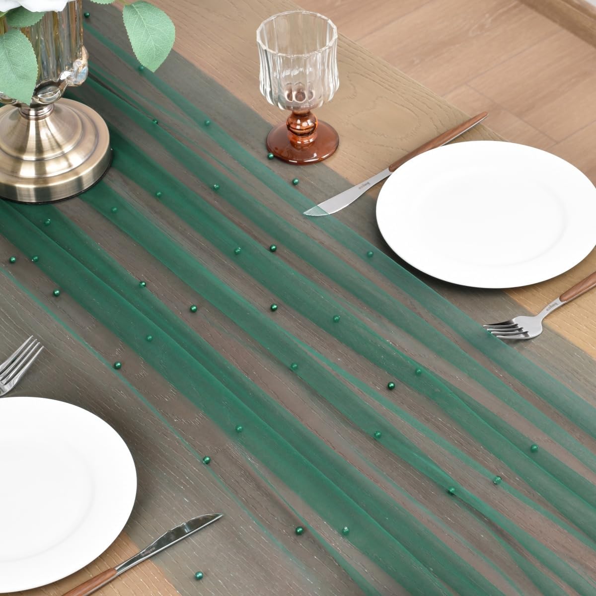 Joanlody Fall Pearl Table Runner 10ft Rustic Boho Tulle Table Runner with Pearls for Baby Shower Wedding Party Veil Dessert Thanksgiving Table Decor Emerald Green