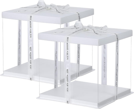XININSUN 2Pcs Large Cake PET Clear Box, 10" X 10" X 9" with ribbon and pre-folded lid, for 8" cake packing carry, baking cookie display, Carry Tall Layer Gift, Festive Gift Box -White