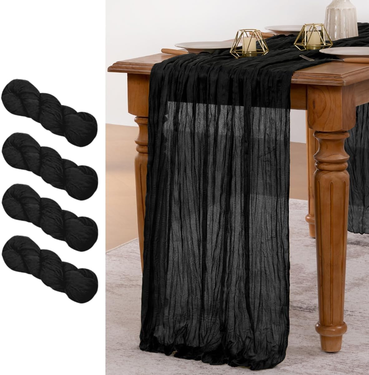 MLMW 4 Pack Halloween Table Runner Cheesecloth Black Boho Gauze Cheese Cloth 160 inch Rustic Sheer Table Runner 13.3ft for Party Wedding Baby Bridal Shower Birthday
