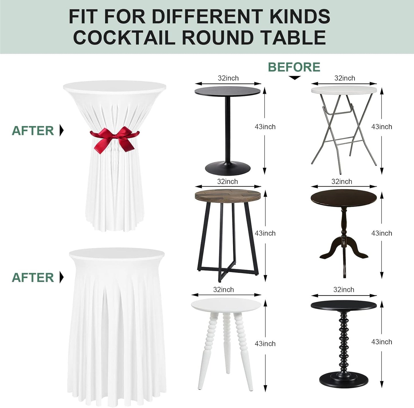 Cocktail Table Covers - 2 Pack 32"x 43" White Cocktail Table Tablecloth with Natural Wavy Round Skirt for Bar Wedding Party Banquet