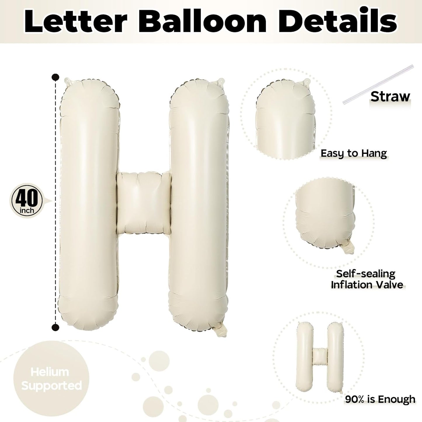 Giant Alphabet H Foil Name Balloons, Cream Ivory White Inflatable Word Balloons H Letters Birthday Decor, 40 Inch Mylar Beige A-Z Custom Letter Balloons for Girls Baby Shower Party Decoration Supplies