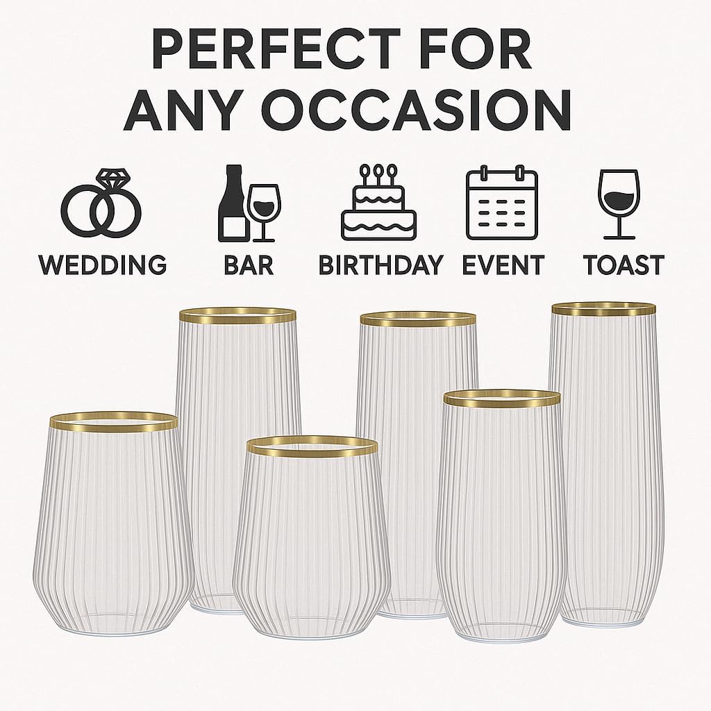 48 Pack Ribbed Origami Ripple Plastic Glasses, 24 9 Ounce Stemless Champagne Flutes & 24 12 Ounce Cups, BPA-Free Disposable Shatterproof Toasting Glasses for Weddings, Bars, and Events (Gold Rim)