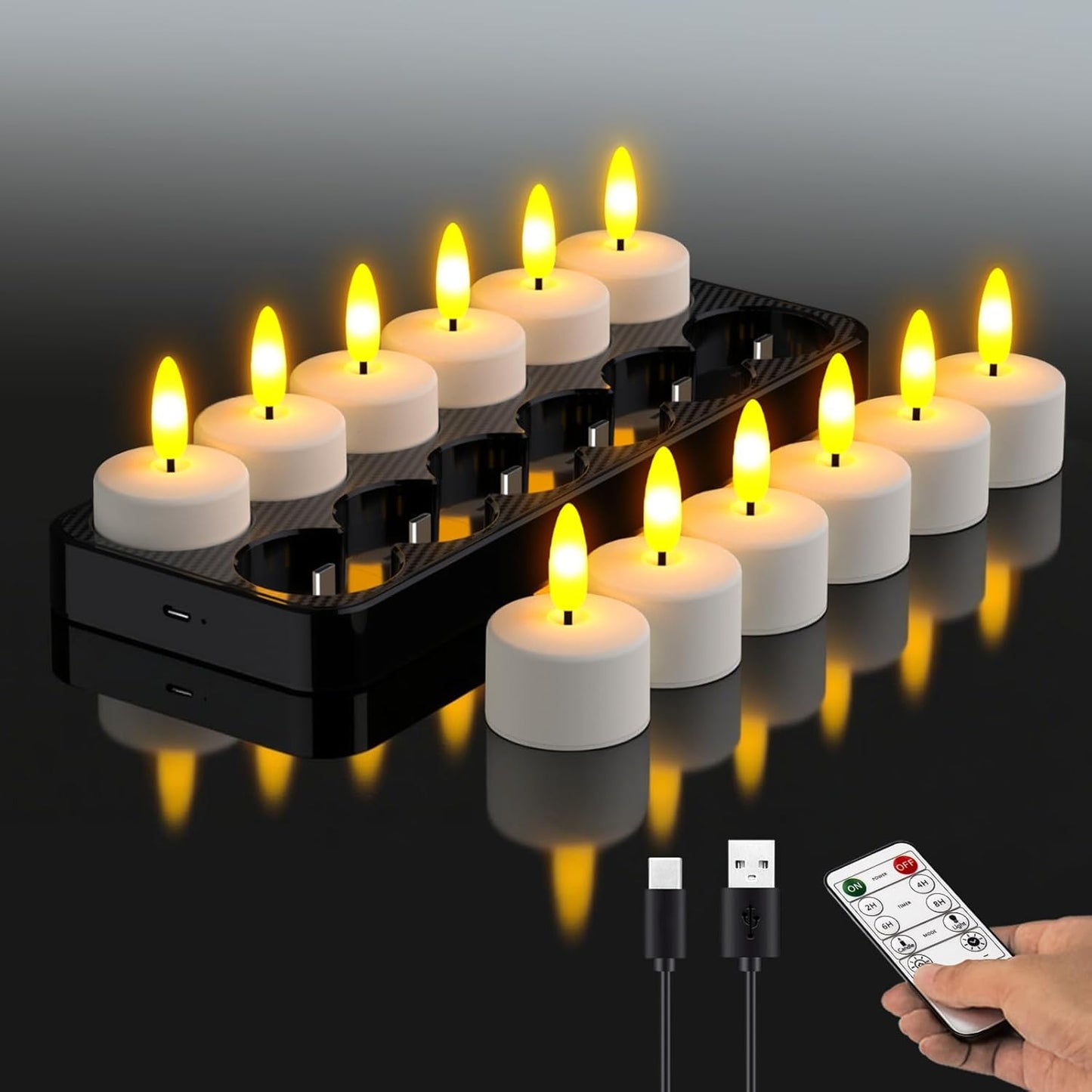 HL Rechargeable LED Tea Lights with USB Charging Base & Remote Timer - Battery Operated Flameless Flickering Votive Candles for Weddings, Emergency, Halloween, and Christmas Decorative 12pcs