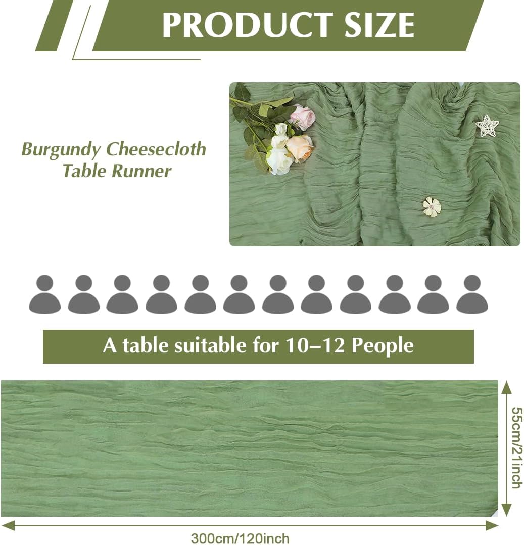 Olive Green Cheesecloth Table Runner -21*120Inch Long Boho Wedding Table Decor, Rustic Gauze Fabric Runner for Bridal Showers, Baby Showers & Parties (Sheer, Lightweight, Wrinkled Design)