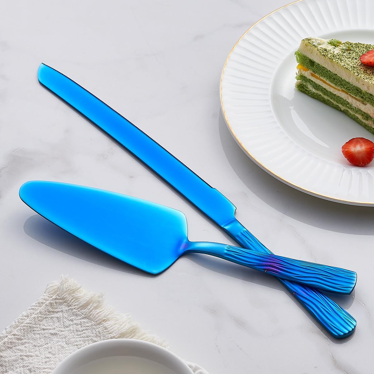 Blue Cake Cutter Set, Stainless Steel Cake Cutting Utensils Include Cake Knife and Cake Server Suitable for Weddings, Birthdays, and Anniversaries