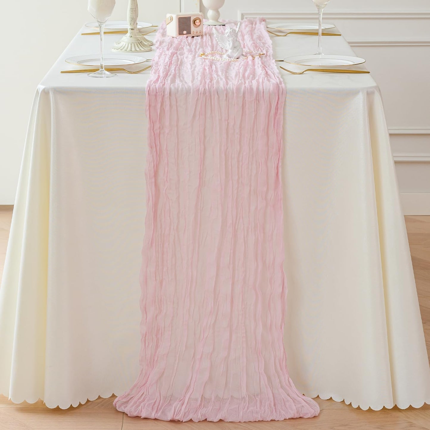 Sioloc 1 Pack Light Pink Cheesecloth Table Runner Fall Autumn Decor for 10ft(35" x120" ) Table Cloth for Tea Wedding Birthday Party Baby Bridal Shower Halloween Thanksgiving