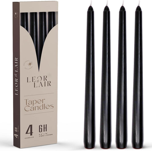 Leor & Lair Black Taper Candles - 4 Pack 10" Black Candlesticks - Unscented Long Burning Halloween Candles for Halloween Decoration, Gothic Decor, Holidays, Weddings & Restaurants