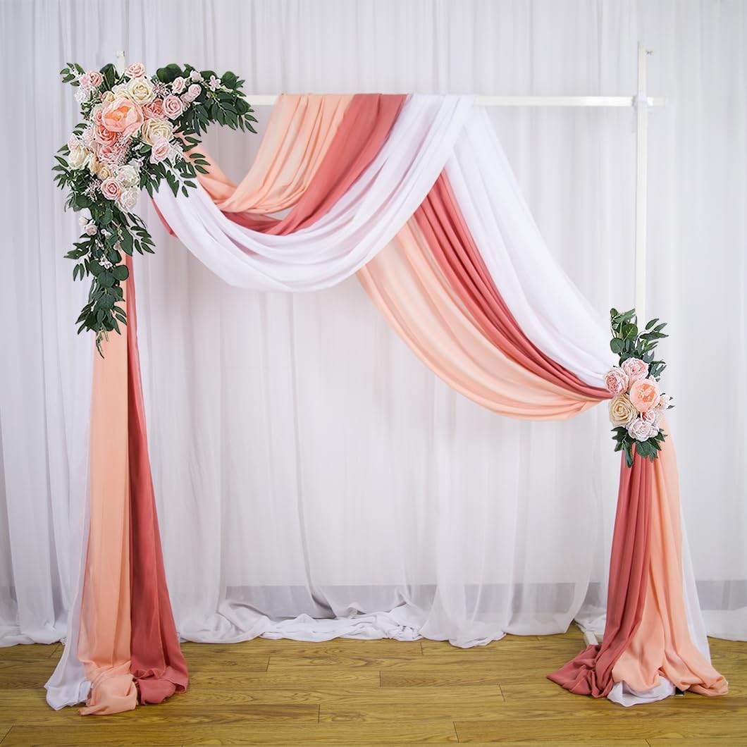 3 Panels Dusty Rose Arch Drapery 20Ft Chiffon Drapes Sheer Hanging for Wedding Background Stage Bridal Shower Decoration (White+Peach+Dusty Rose)