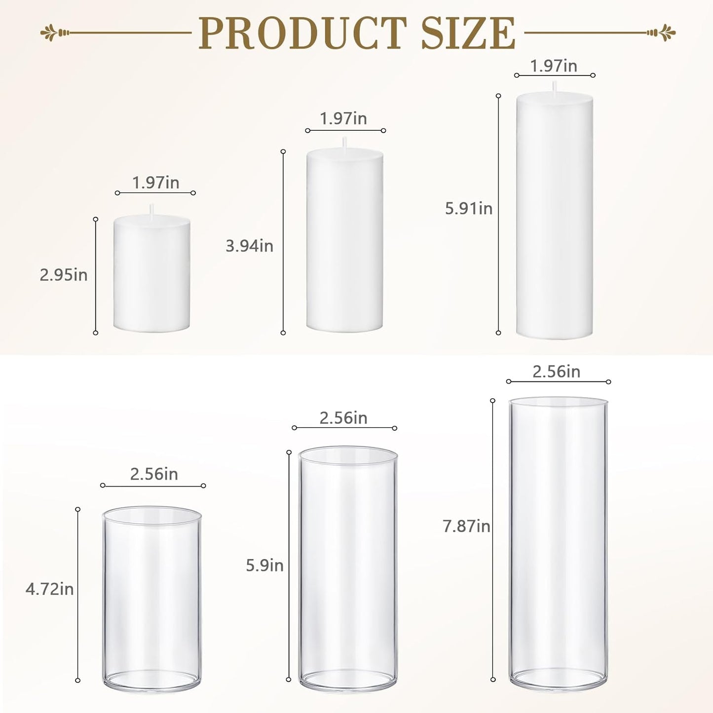 12 PCS White Pillar Candles with Glass Candle Holders Clear Hurricane Candle Holders Glass Cylinder Vases for Centerpieces Wedding Party, Event, Home Office (6 Candles+6 Candle Hoders)