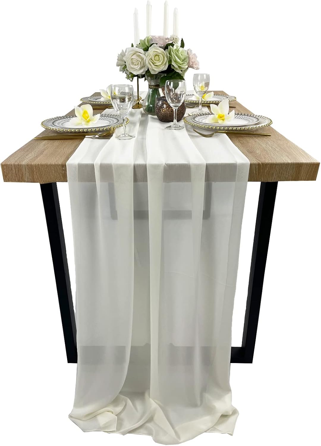 EHLDekol 13ft Ivory Chiffon Table Runner, 29x156 Inches Romantic and Rustic Boho Wedding Runner, Sheer Bridal Party Decorations