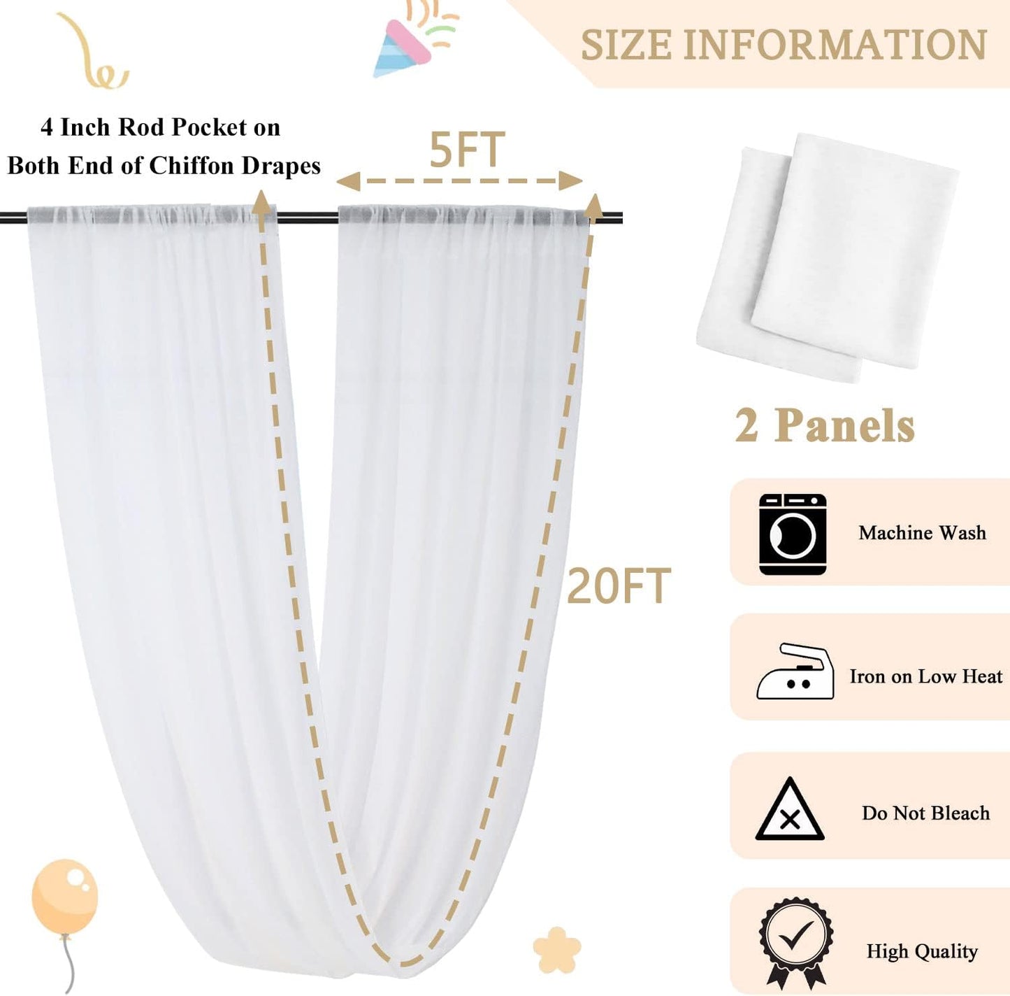 MODFUNS Wedding Ceiling Drapes White Wedding Arch Draping Fabric 2 Panels 5x20 FT Chiffon Drapery Curtains for Arbor Sheer Fabric for Draping Arch Decorations for Ceremony Swag Backdrop for Parties