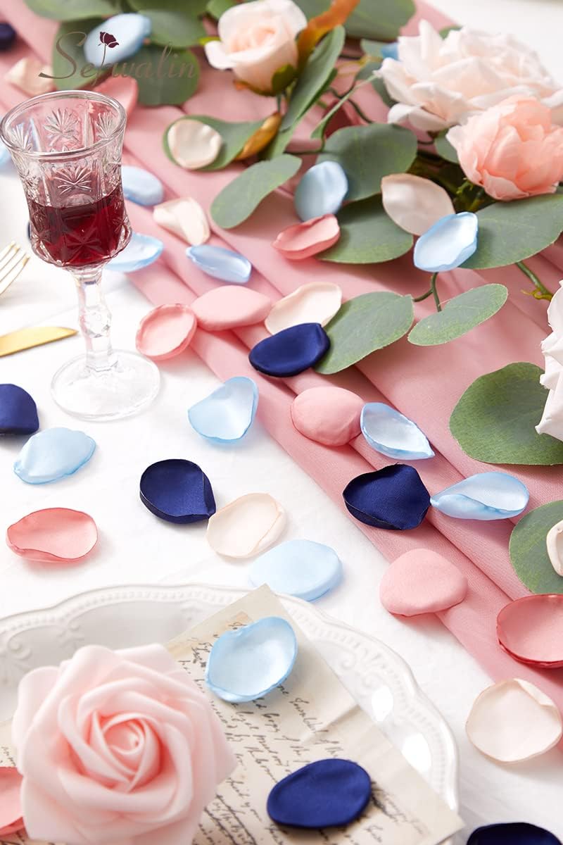 Serwalin 300pcs Silk Rose Petals Flower Petals for Weddings Pink Navy Blue Rose Petals Artificial Flower Petals for Proposal Flower Girl Basket Bridal Shower (4 Color Mixes)