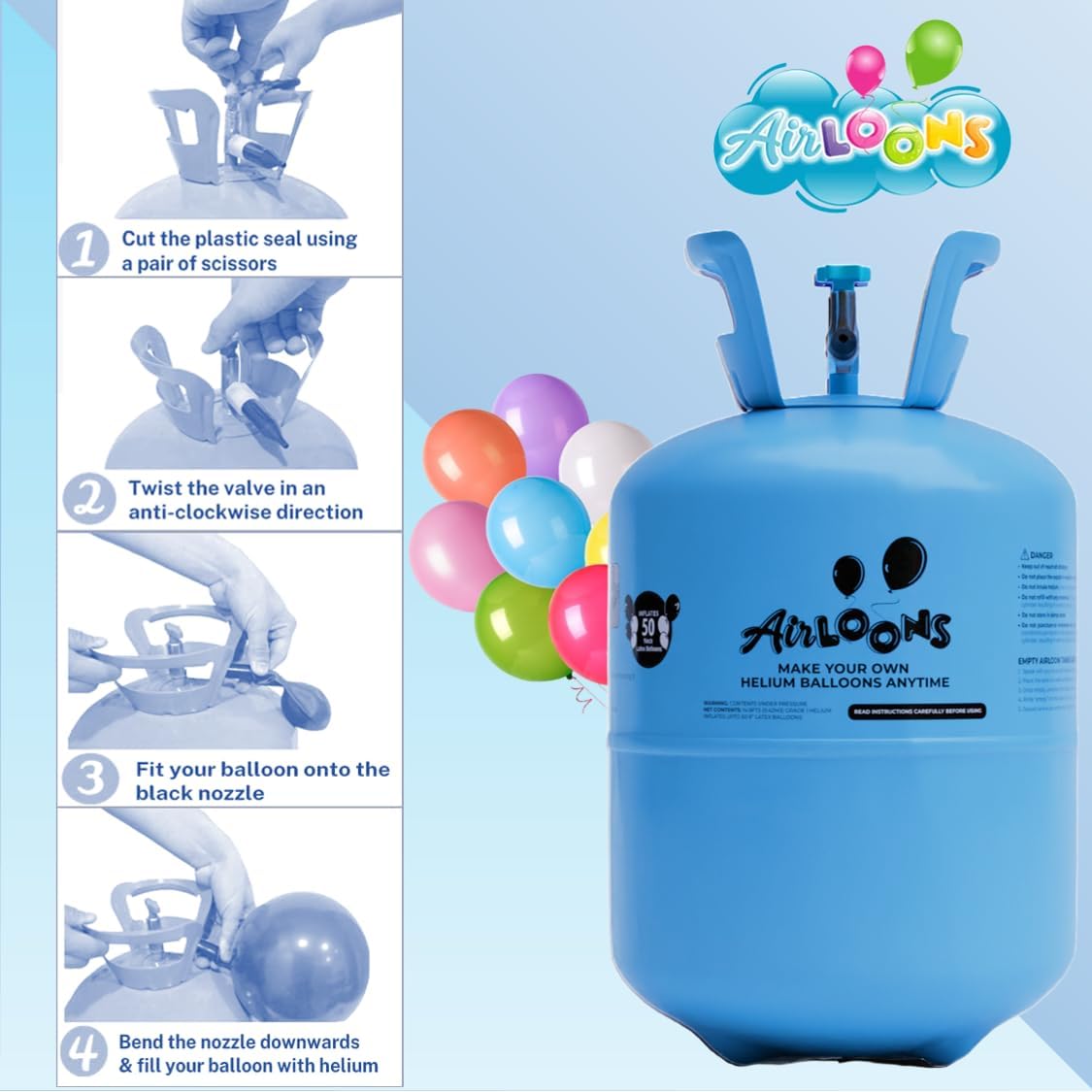 Airloons Helium Balloon Kit with 2 Pack 14.9 Cu Ft Tank - Includes 100 Multicolor 9 in Latex Balloons, Ribbon & Easy to Fill Nozzle - Easy Setup for Birthdays, Weddings, Baby Showers, DIY Party Décor