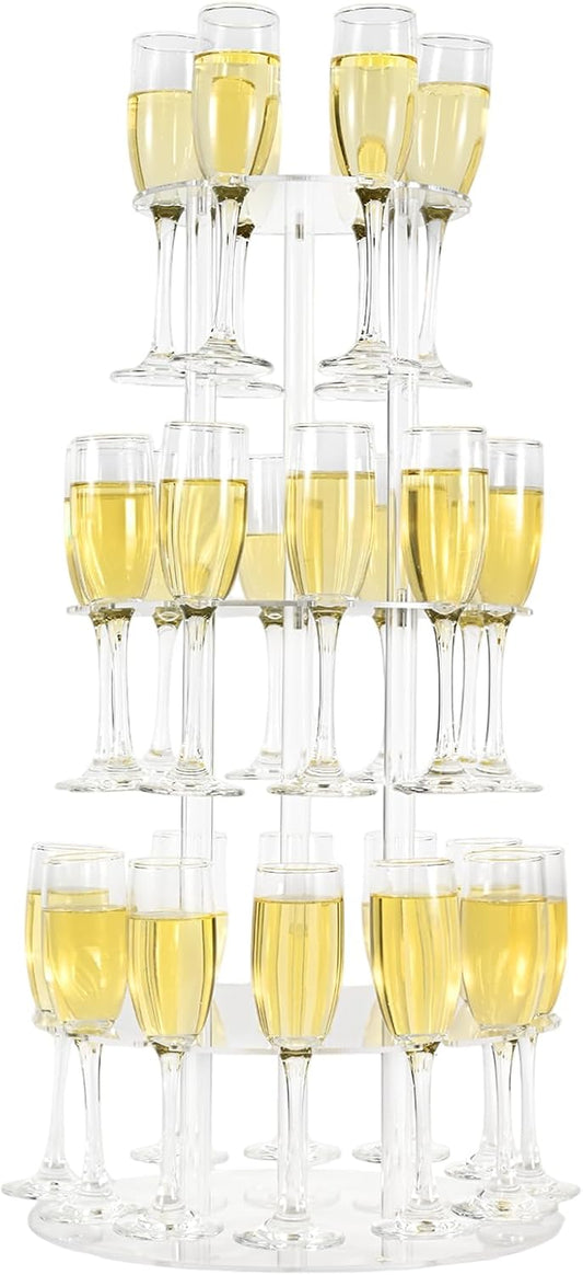 Champagne Tower, Circle Acrylic Champagne Display Rack Stand with 28 Slots, 3 Tier Floating Sight Champagne Flute Holder for Party, Wedding, School, Celebration, 13.4x13.4x25.5 inch