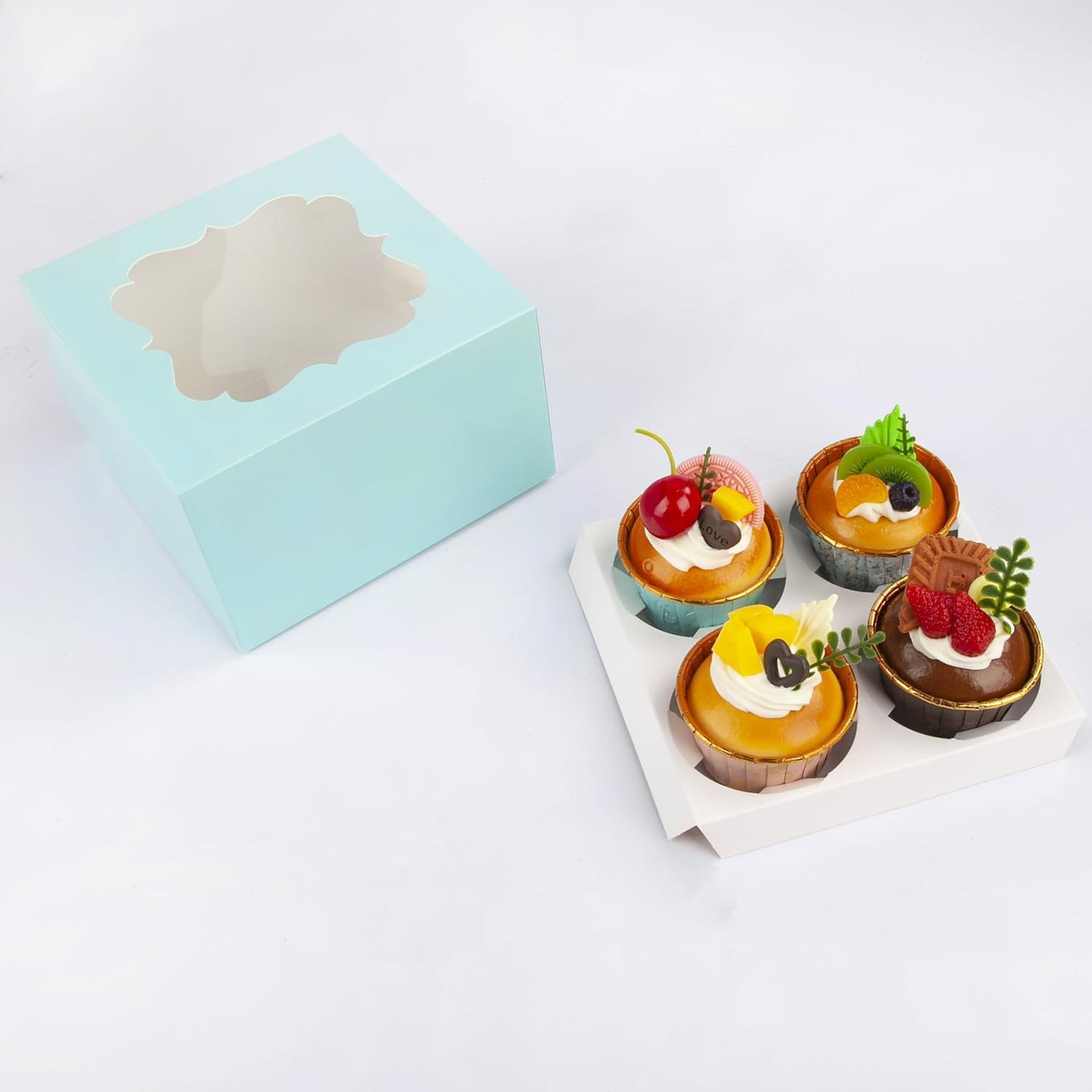 20 PCS 6.5 x 6.5 x 4 inch Paper, Cupcake Boxes with Inserts and Window Hold 4 Cupcakes, Bakery Boxes For Cupcakes Carrier, Cupcake Containers (Blue-4 Holes)