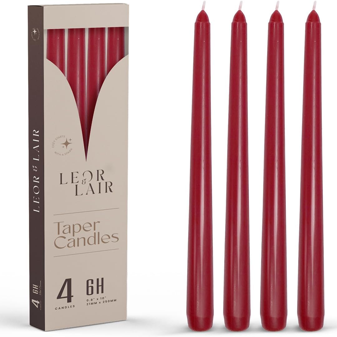 Leor & Lair Red Taper Candles for Christmas - 4 Pack 10" Dark Red Candlesticks - Unscented Long Burning Candle Sticks for Christmas Decoration, Thanksgiving, Dinner Table, Weddings