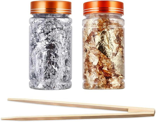 Gold Flakes for Resin, 2 Bottles 10g Imitation Golden Foil Gilding Flake Metallic Leaf for Cake Decoration Chocolate Making Nails Painting Art Crafts with Bamboo Tweezers (Gold, Silver Colors)