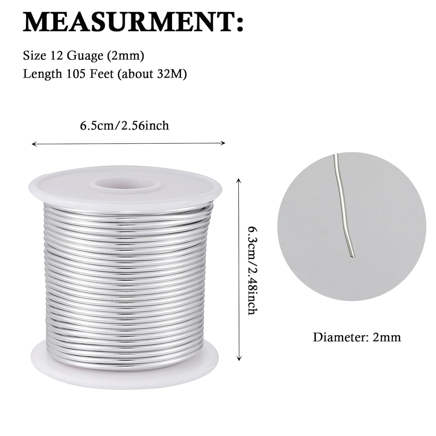 12 Gauge Sliver Aluminum Craft Wire (105FT) - Anodized for Jewelry Making, Beading Floral, Plant Gardening, Sculpting & Modeling Craft Wire (Sliver #1, 2mm)