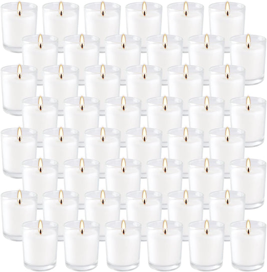 48 Pack Warm White Unscented Clear Glass Filled Votive Candles. Hand Poured Wax Candle Ideal Gifts for Aromatherapy Spa Weddings Birthdays Holidays Party.