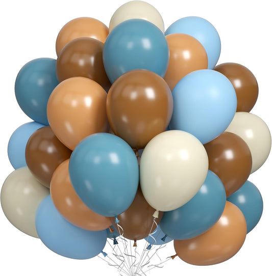 Blue Brown Balloons Set, 60 PCS Slate Blue Macaron Blue Cream Beige Party Balloons and Retro Brown Coffee Latex Helium Balloon, for Baby Shower, Bear, Jungle and Boho Theme Party Decoration